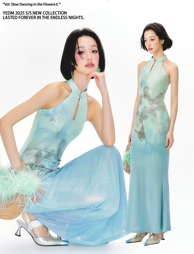 YEDM Butterfly Print Neck Fishtail Dress