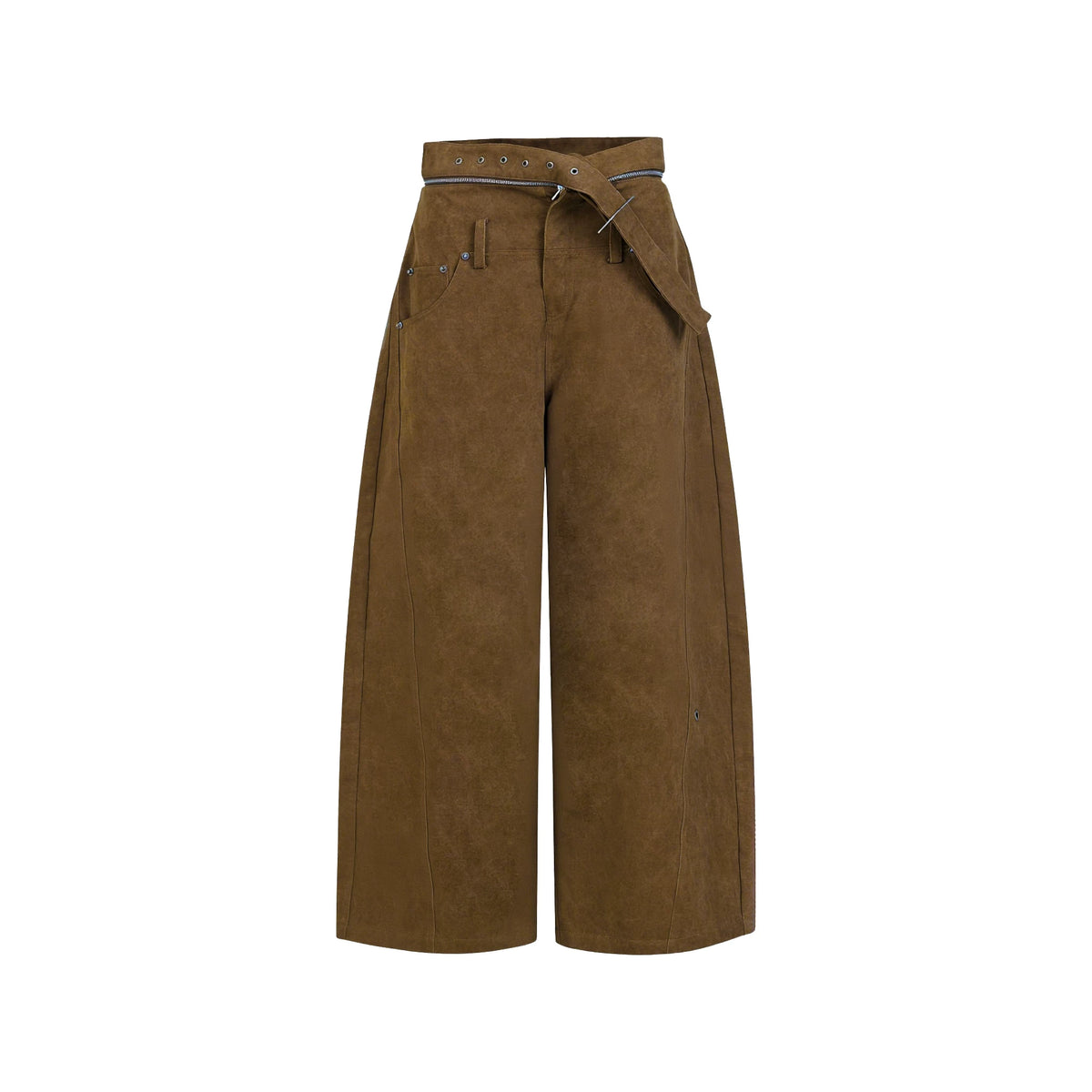 JIKOO Wide-Leg Suede-Look Belted Trousers