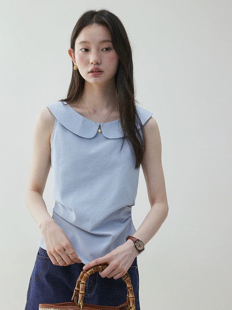VOOE Contrasting Plaid Side Fold Doll Collar Shirt