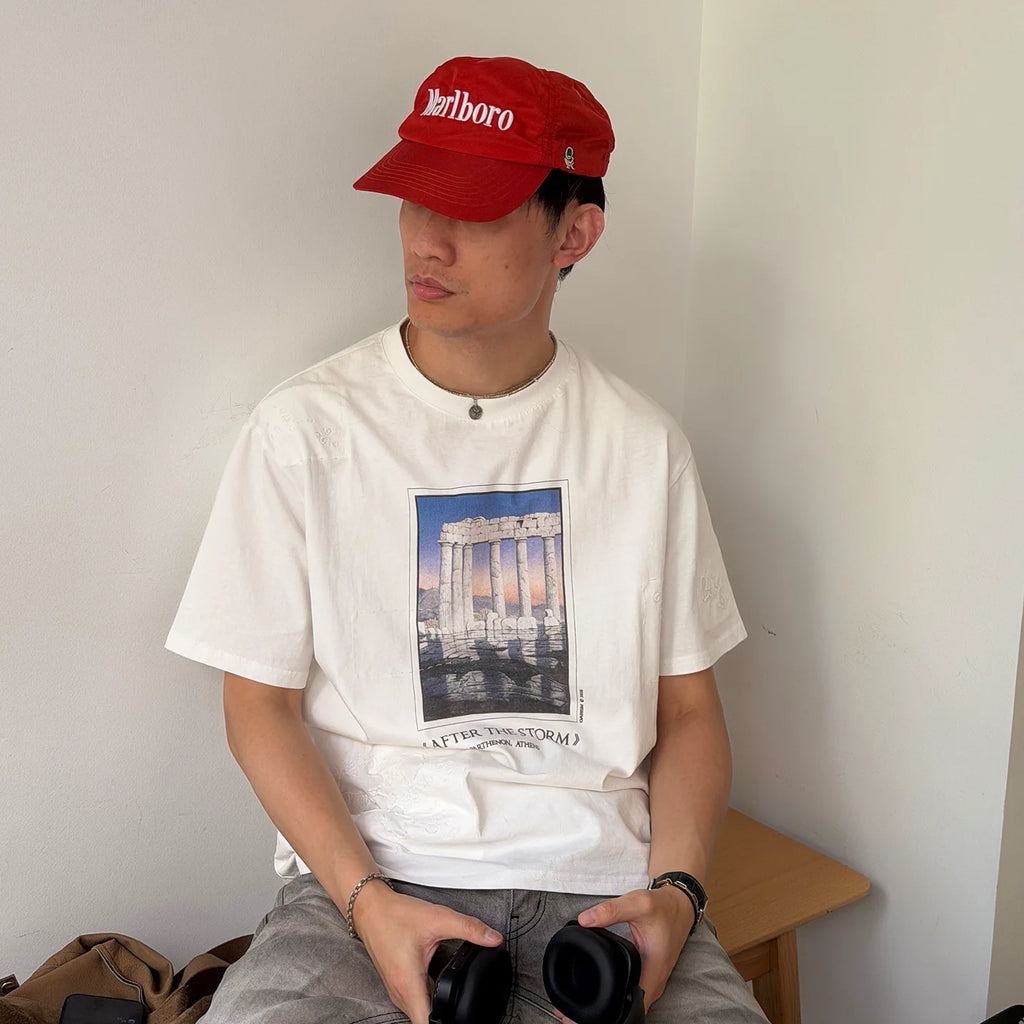 oarism Distressed Temple Print Loose Breathable Tee