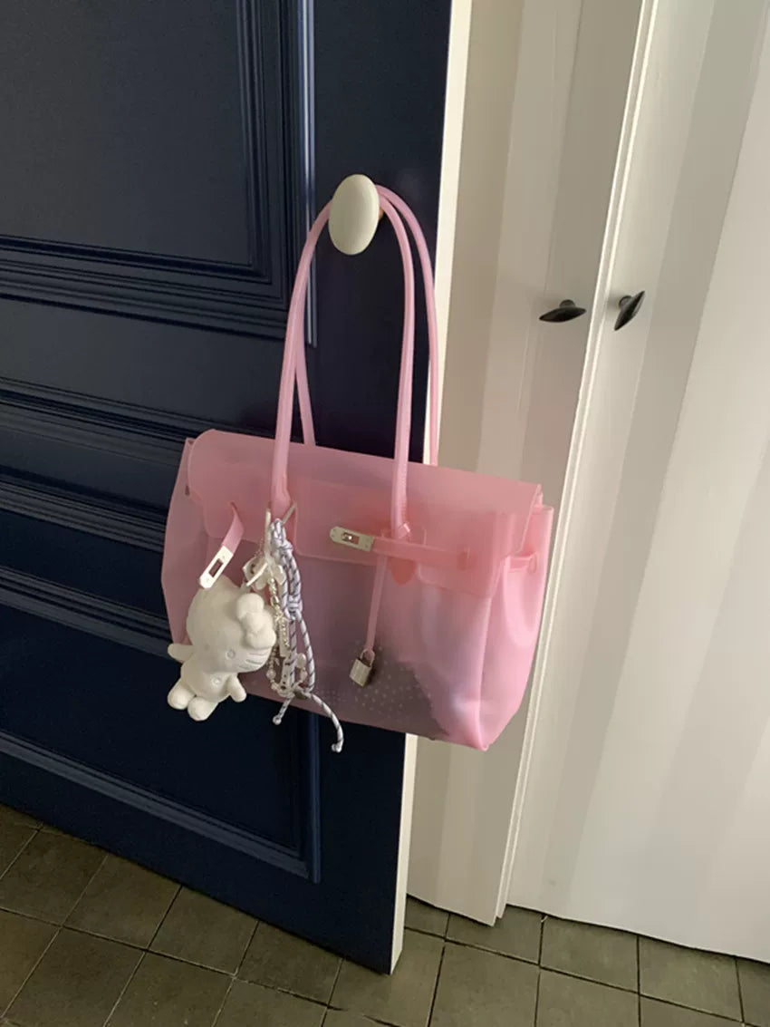 Fat*2 Semi-Transparent Faux Leather Buckle Top-Handle Bag