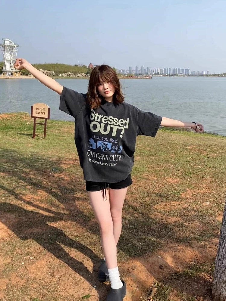 CENSMADE Washed Old American Alphabet Printed Tee