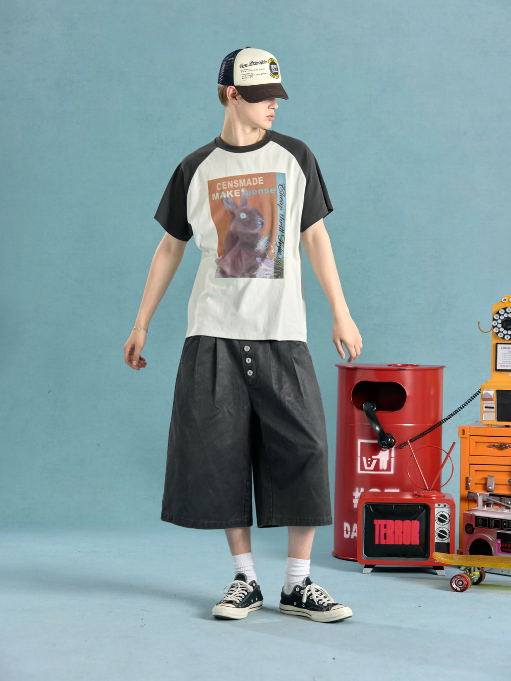 CENSMADE Retro Shoulder Splicing Casual Loose Tee