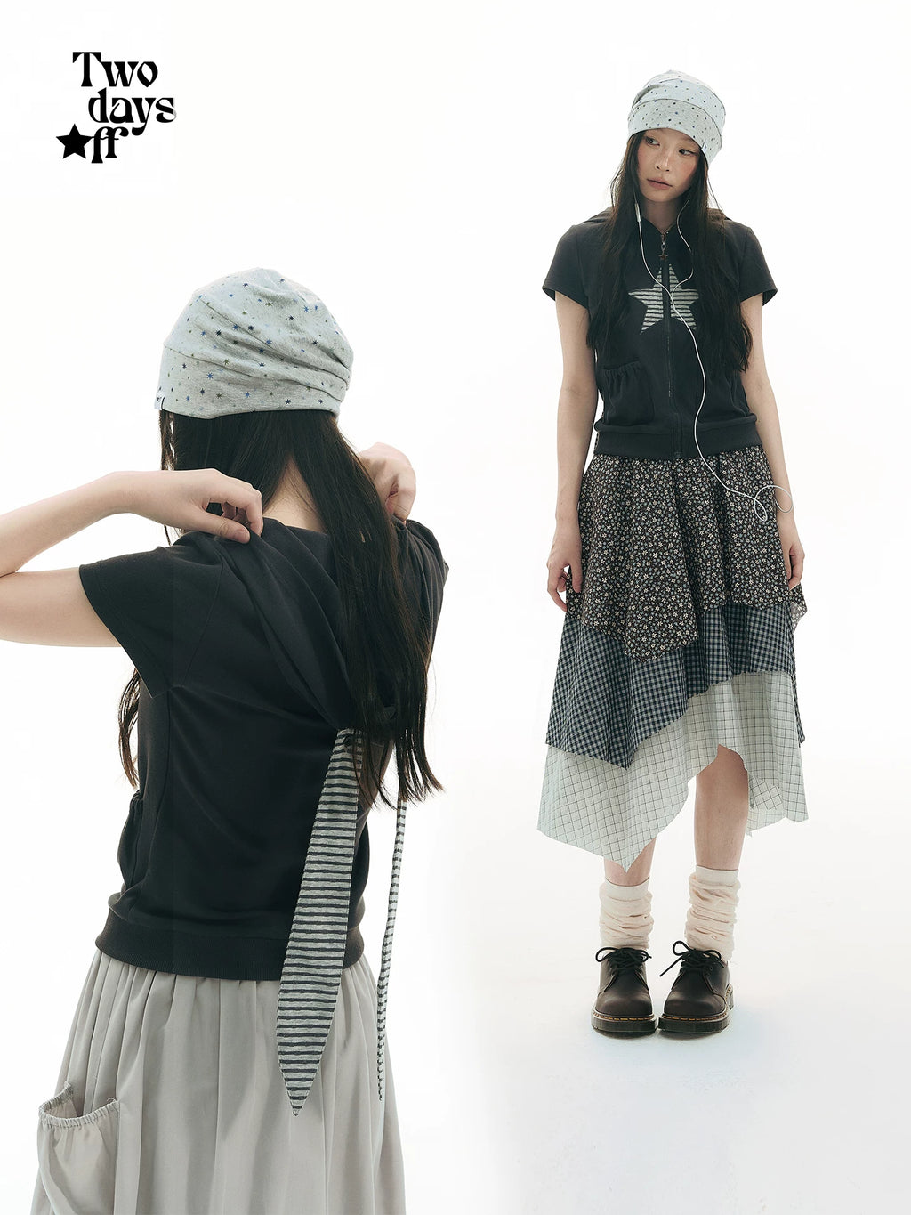 Two days off lab Sweet Bunny Ear Zip-Up Hooded Cropped Tee