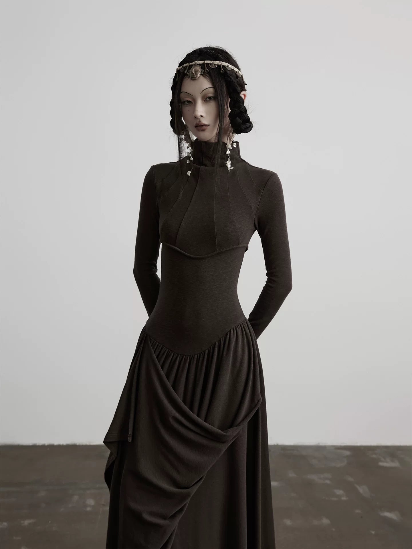INDULGE Irregular Stand-up Neck Knitted Waist Dress