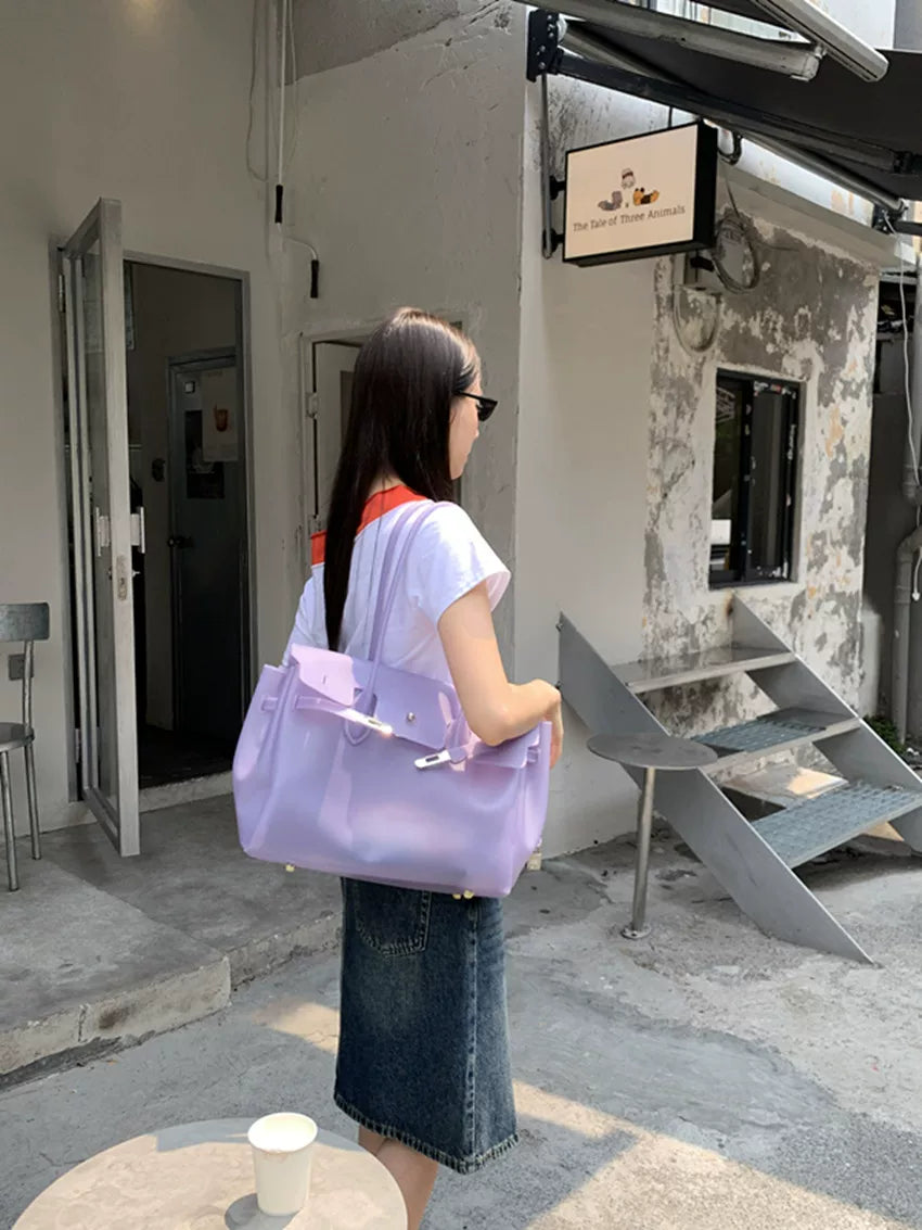 Fat*2 Semi-Transparent Faux Leather Buckle Top-Handle Bag