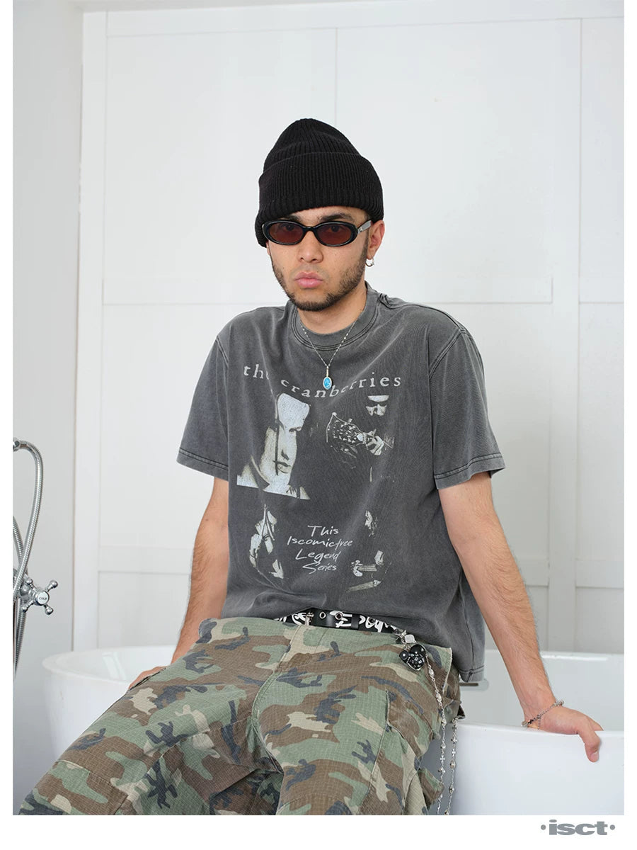 COMICTREE Old Front Shoulder Crew Neck Casual Tee
