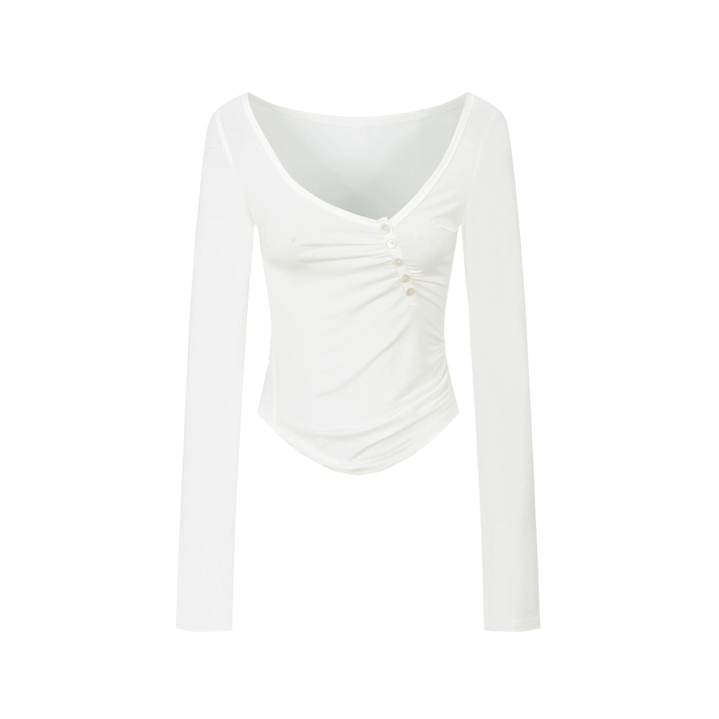 Yawhat White Sheer V-Neck Long-Sleeve Tee