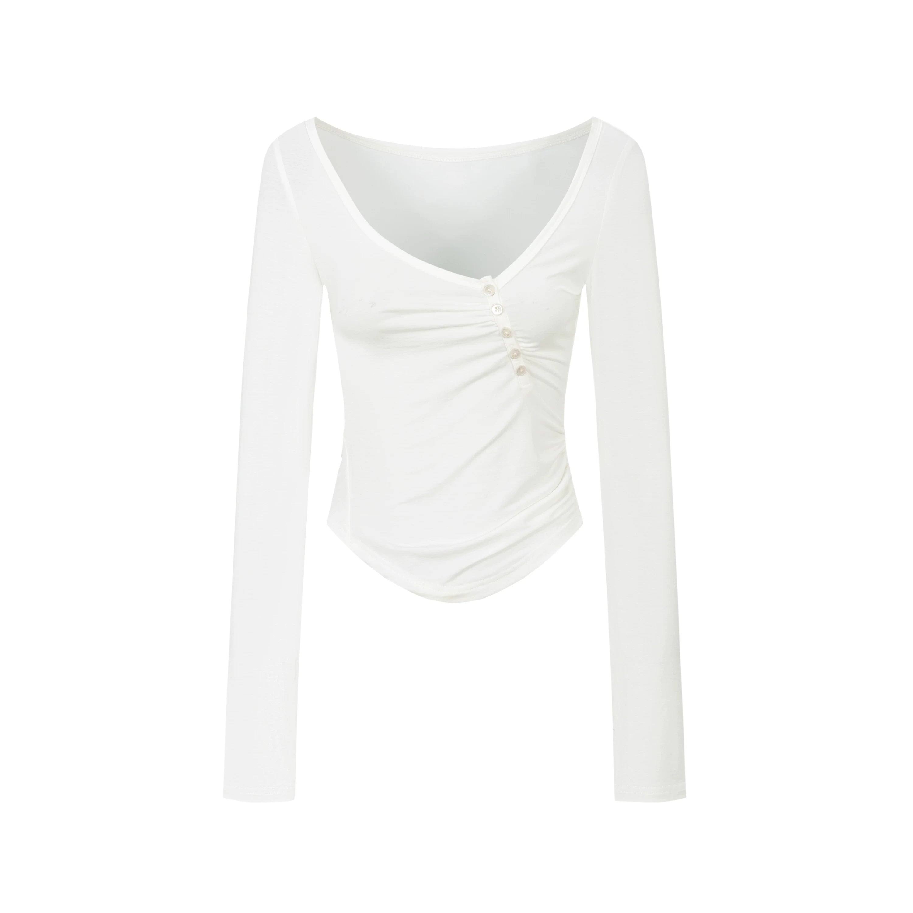 Yawhat White Sheer V-Neck Long-Sleeve Tee