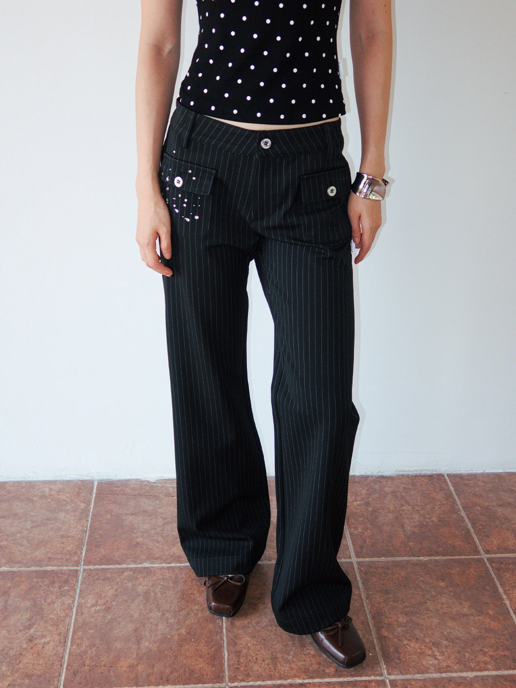 FUNKYFUN Medium and Low Waist Hot-drilled Pinstriped Flared Pants (Clearance)