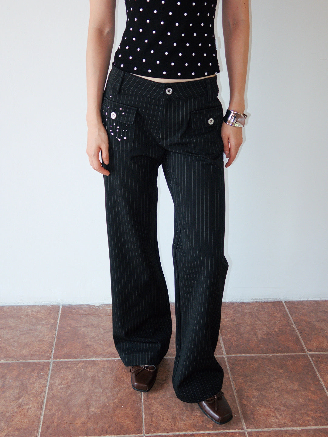 FUNKYFUN Medium and Low Waist Hot-drilled Pinstriped Flared Pants (Clearance)