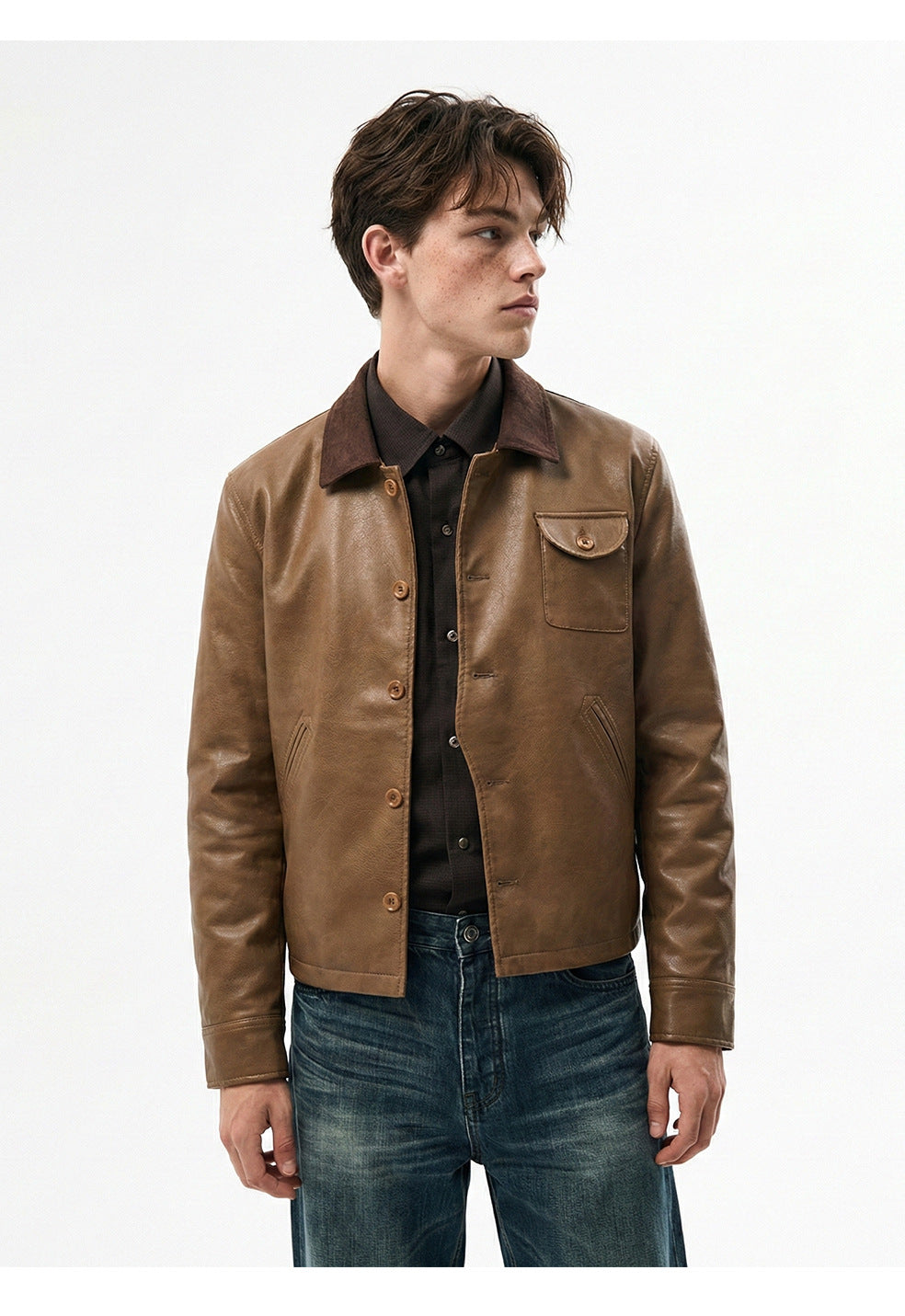 MADEEXTREME Vintage Leather Jacket Lapel Color Matching Irregular Jacket