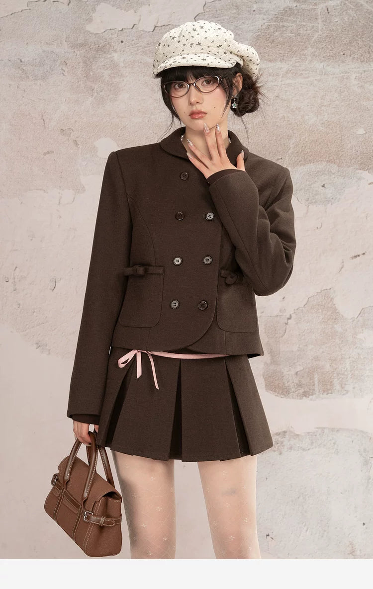 HEYNEW Maillard College Style Coat Pleated Skirt