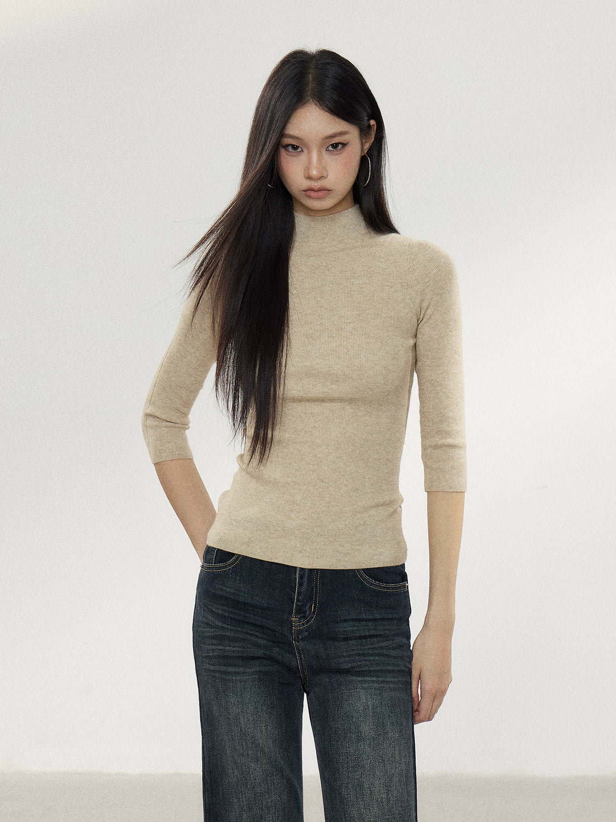 WITHMIN Solid Color Half-Turtleneck 3D Print Pullover Top