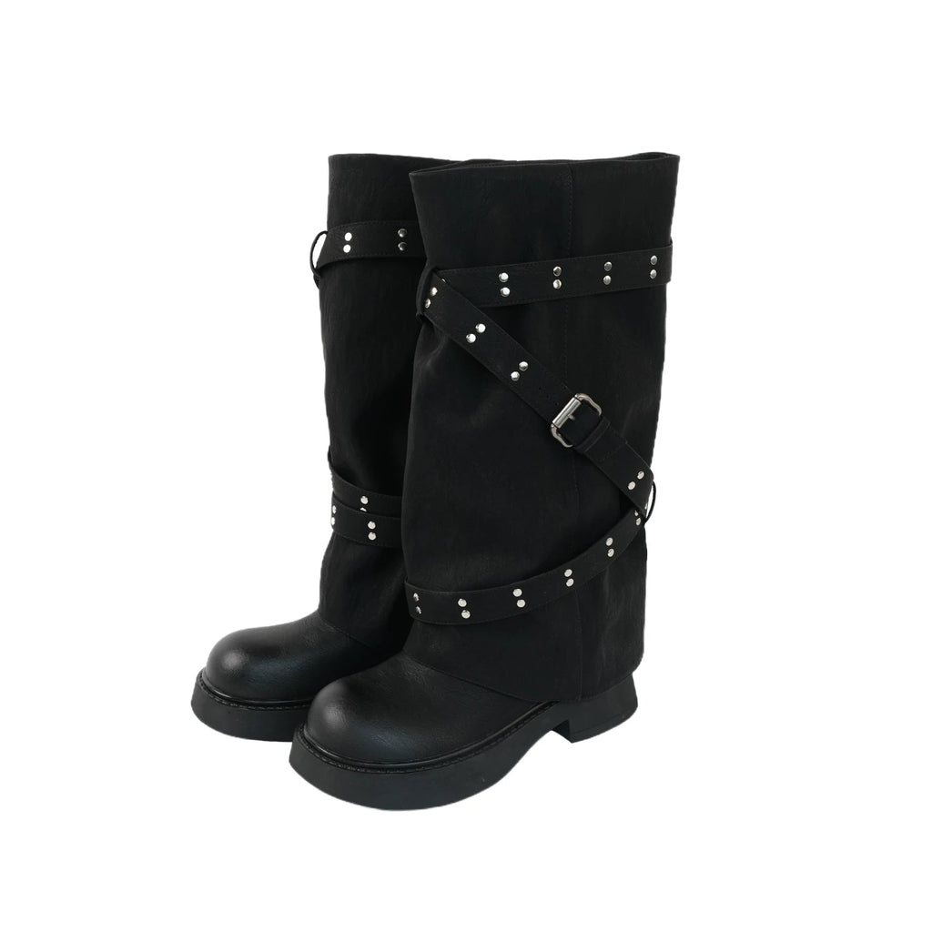 Mooreyu Black PU Round-Toe Rivet Riding Boot