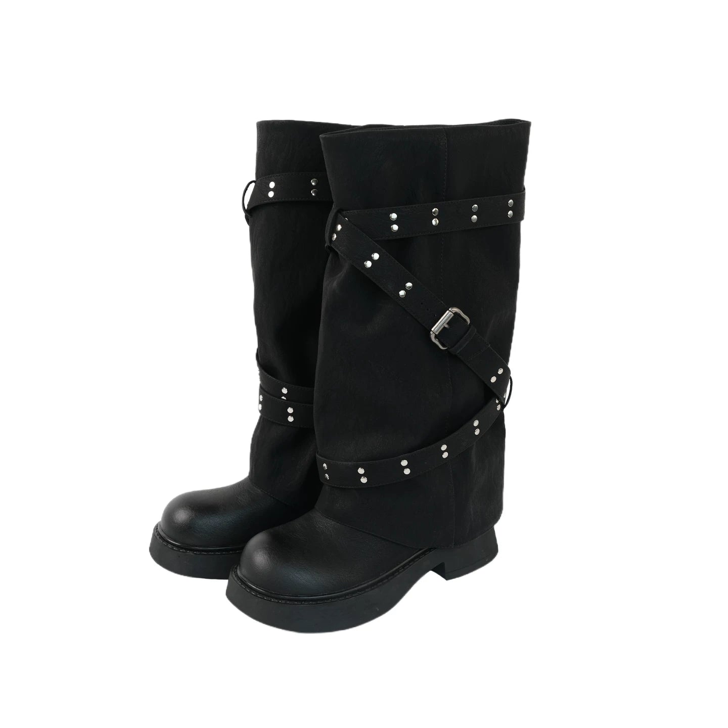 Mooreyu Black PU Round-Toe Rivet Riding Boot