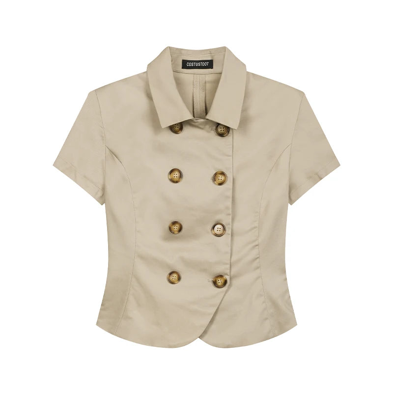COSTUSTOOT Notch Lapel Fitted Cropped Blouse