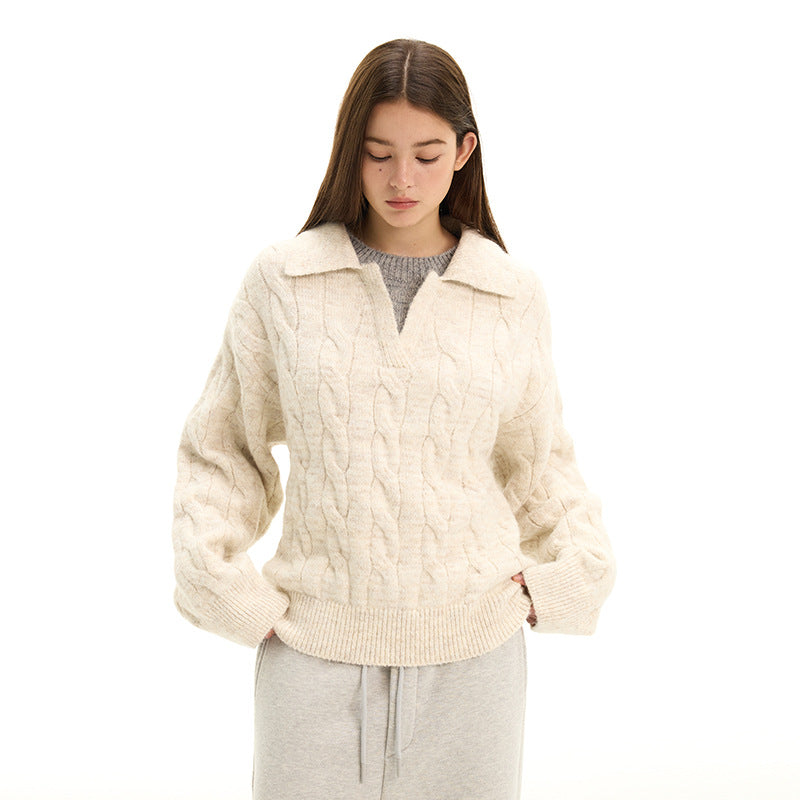 UNF Heavyweight Boxy Anti-Static Cable-Knit Polo Sweater