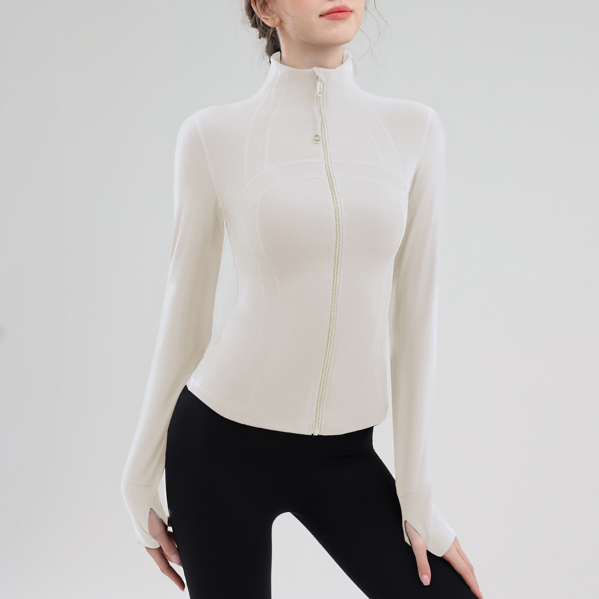TIANQINGSE Splicing Turtleneck Slim Strap Finger Cover Long-sleeved Gym Clothes