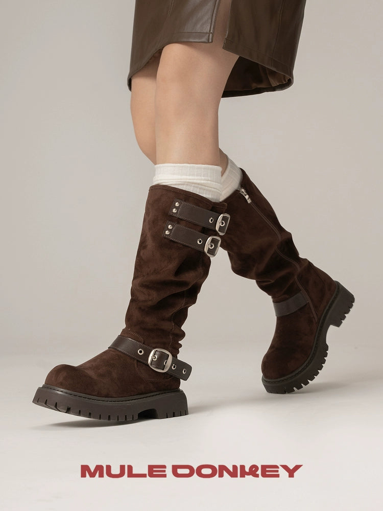 Donkey Suede Over Knee Belt Buckle Western Boots