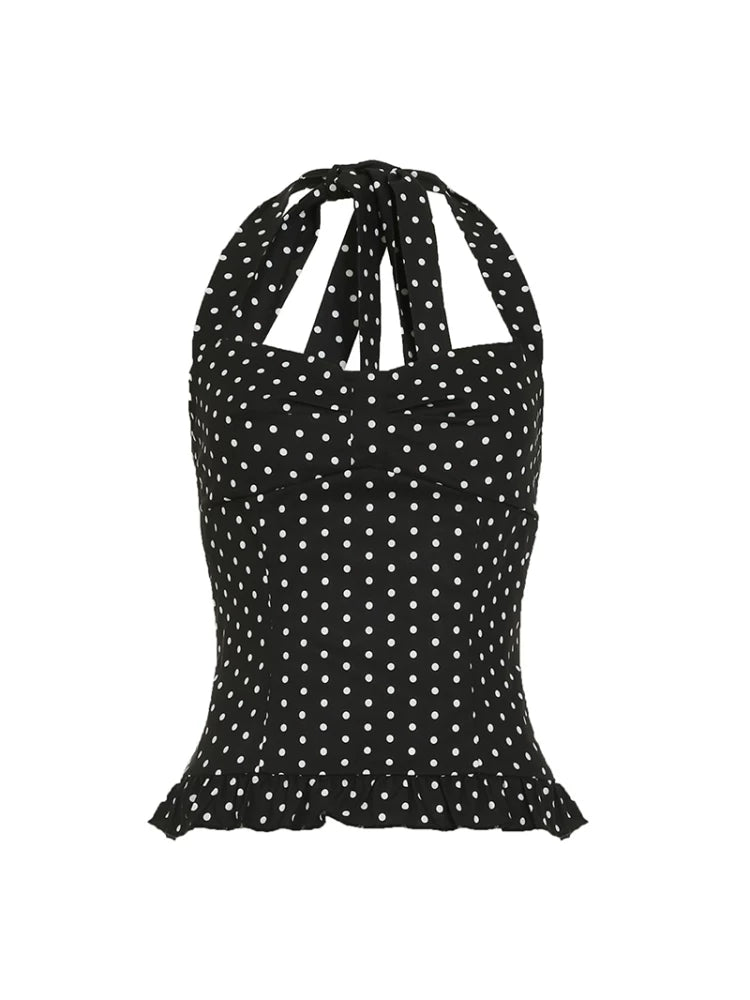 FUNOFF Contrast Polka Dot Lace Neck Sling Vest