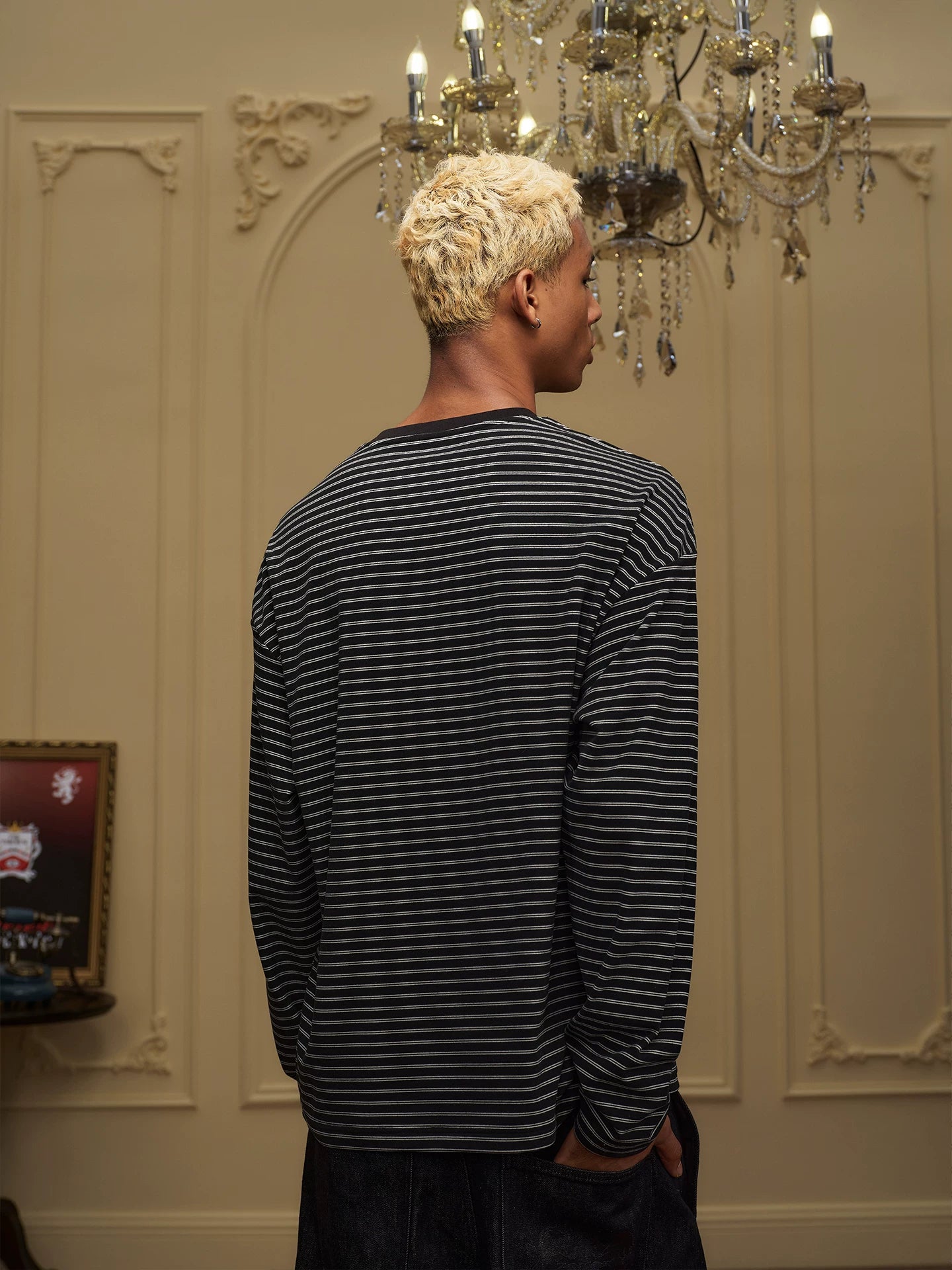 YADcrew Double Lion Mottled Slogan Printed Striped Long Sleeve