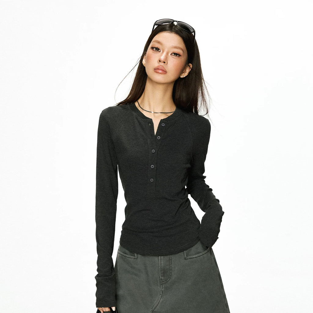 Cherry Melody Henry Collar Button Versatile Primer Long Sleeve
