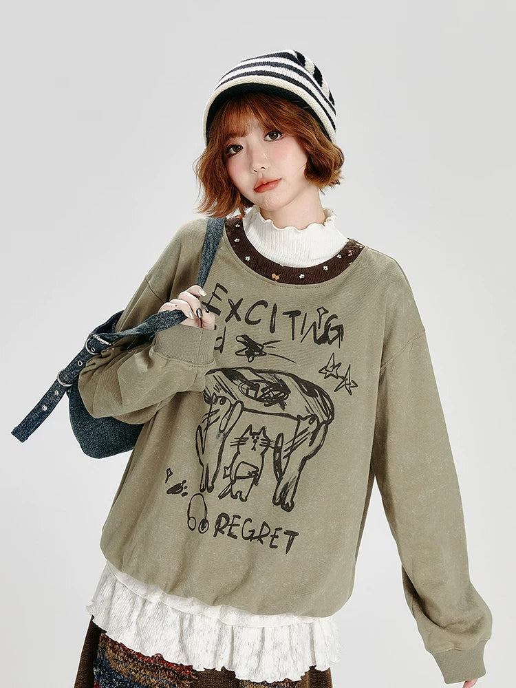Girlyhalo Retro Crew Neck Graffiti Printingsweatshirt