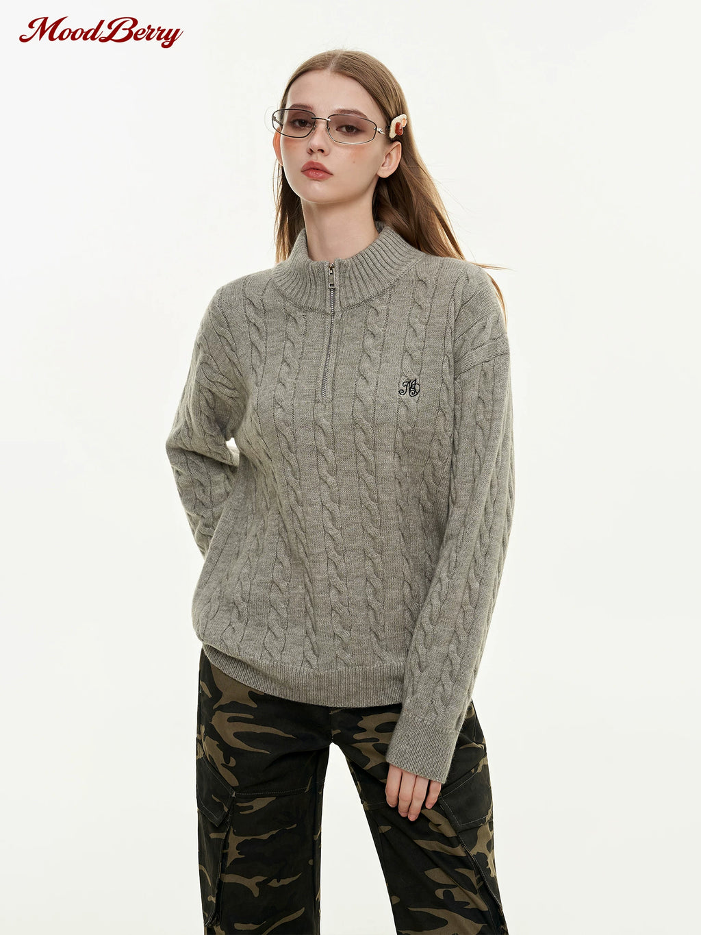 MoodBerry Half-Zip Cable Knit Sweater