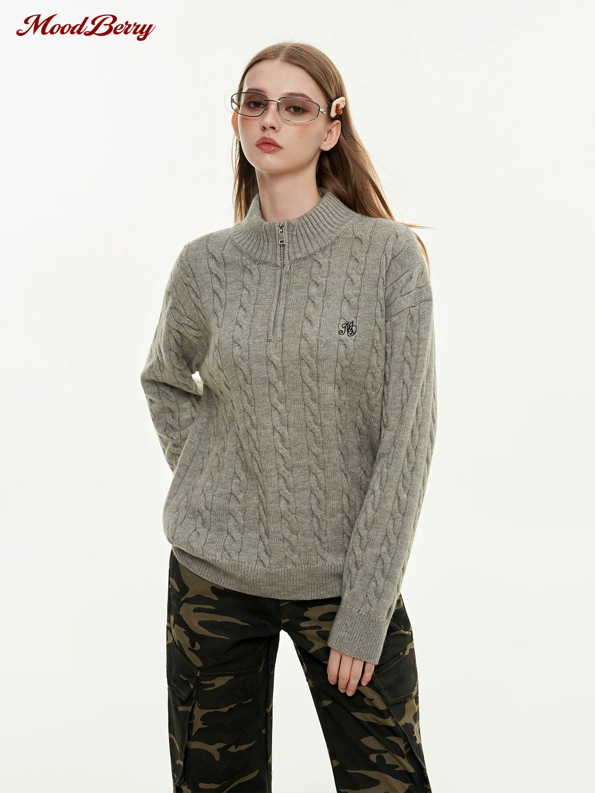MoodBerry Half-Zip Cable Knit Sweater