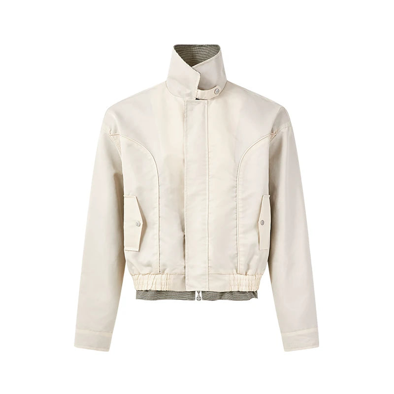 KREATE Plaid Houndstooth Loose Stand Collar Harrington Jacket