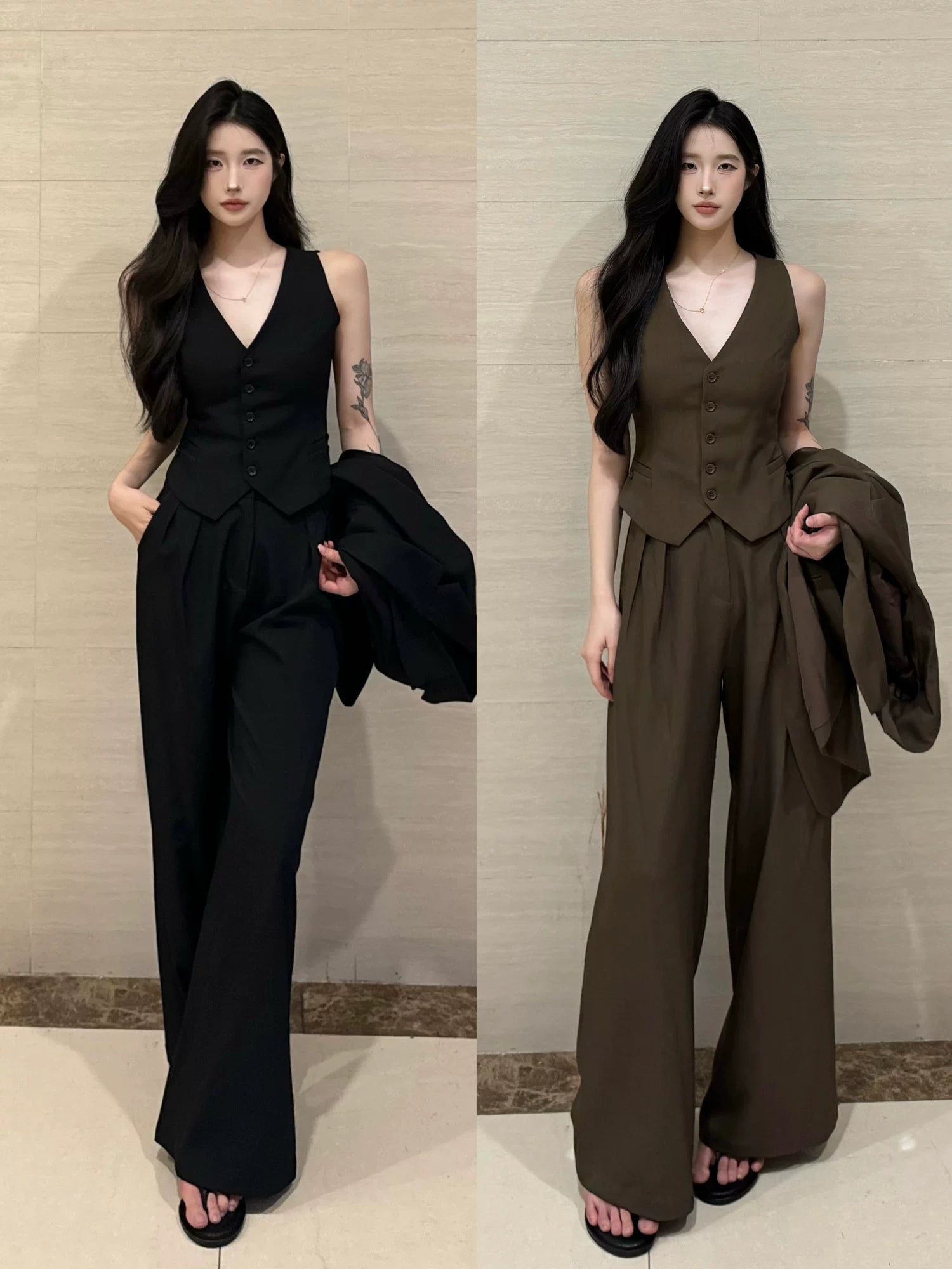 PANPANSTUDIO Simple Commuter Vest Wide-leg Pants Set