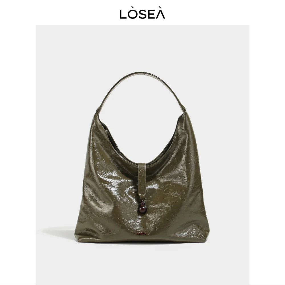 LOSEA Olive Green Faux Leather Shoulder Bag With Zip Pocket