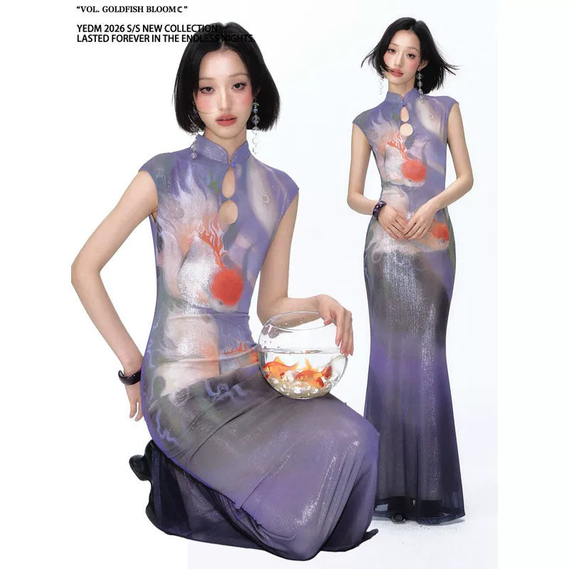 YEDM Scale Glow Goldfish Cutout Qipao Dress