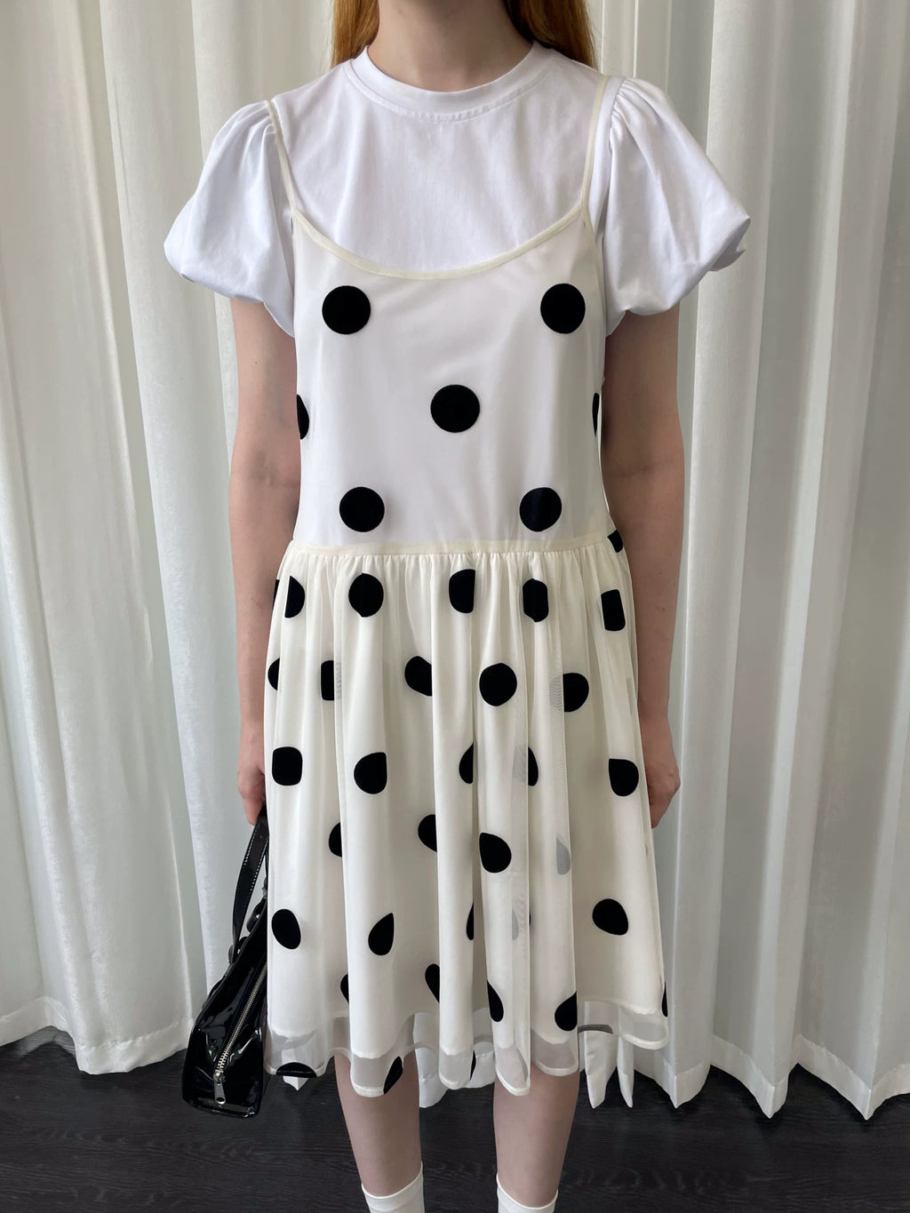 Loosesmell Splicing Pleated Dot Mesh Suspender Skirt