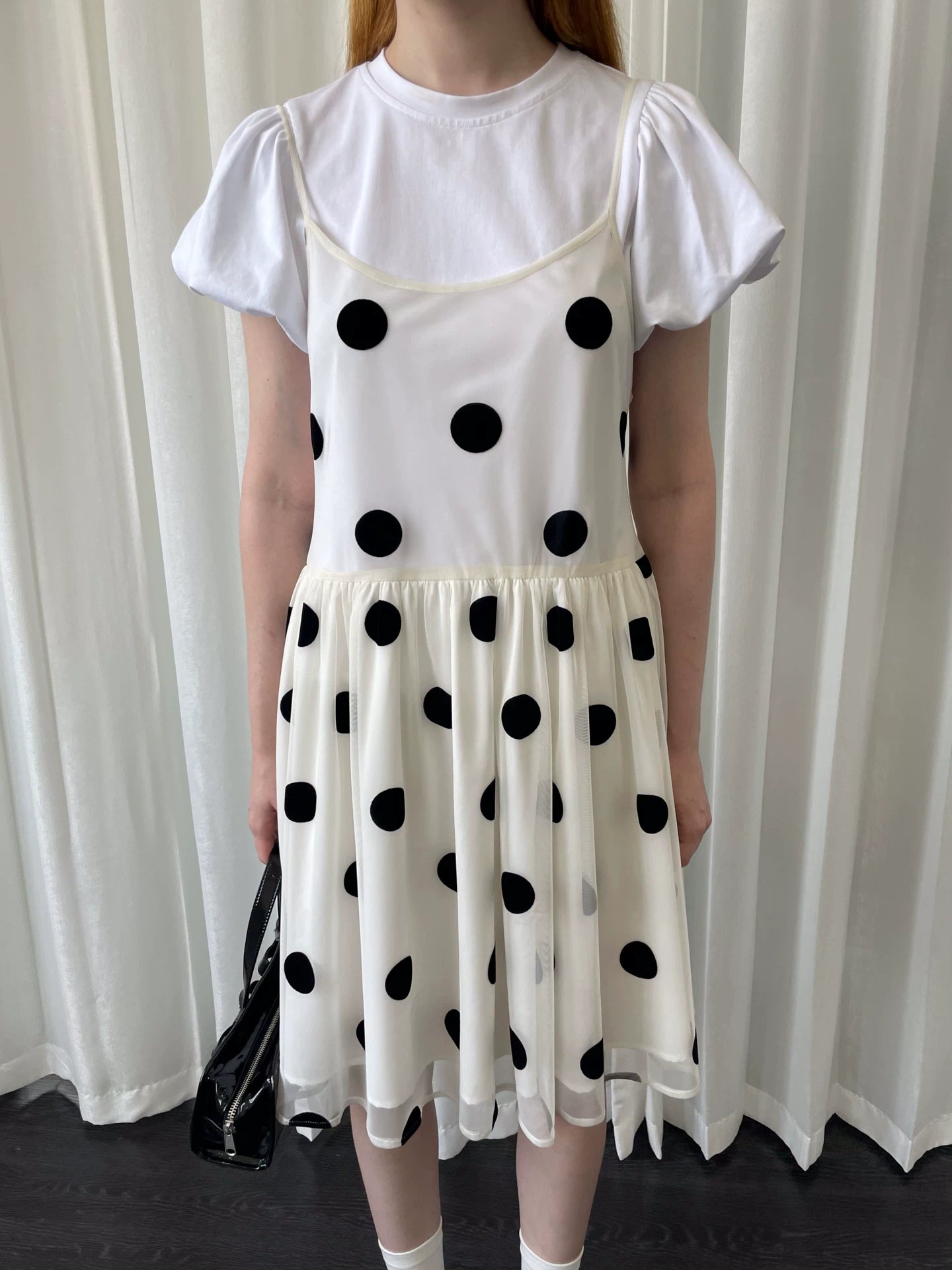 Loosesmell Splicing Pleated Dot Mesh Suspender Skirt