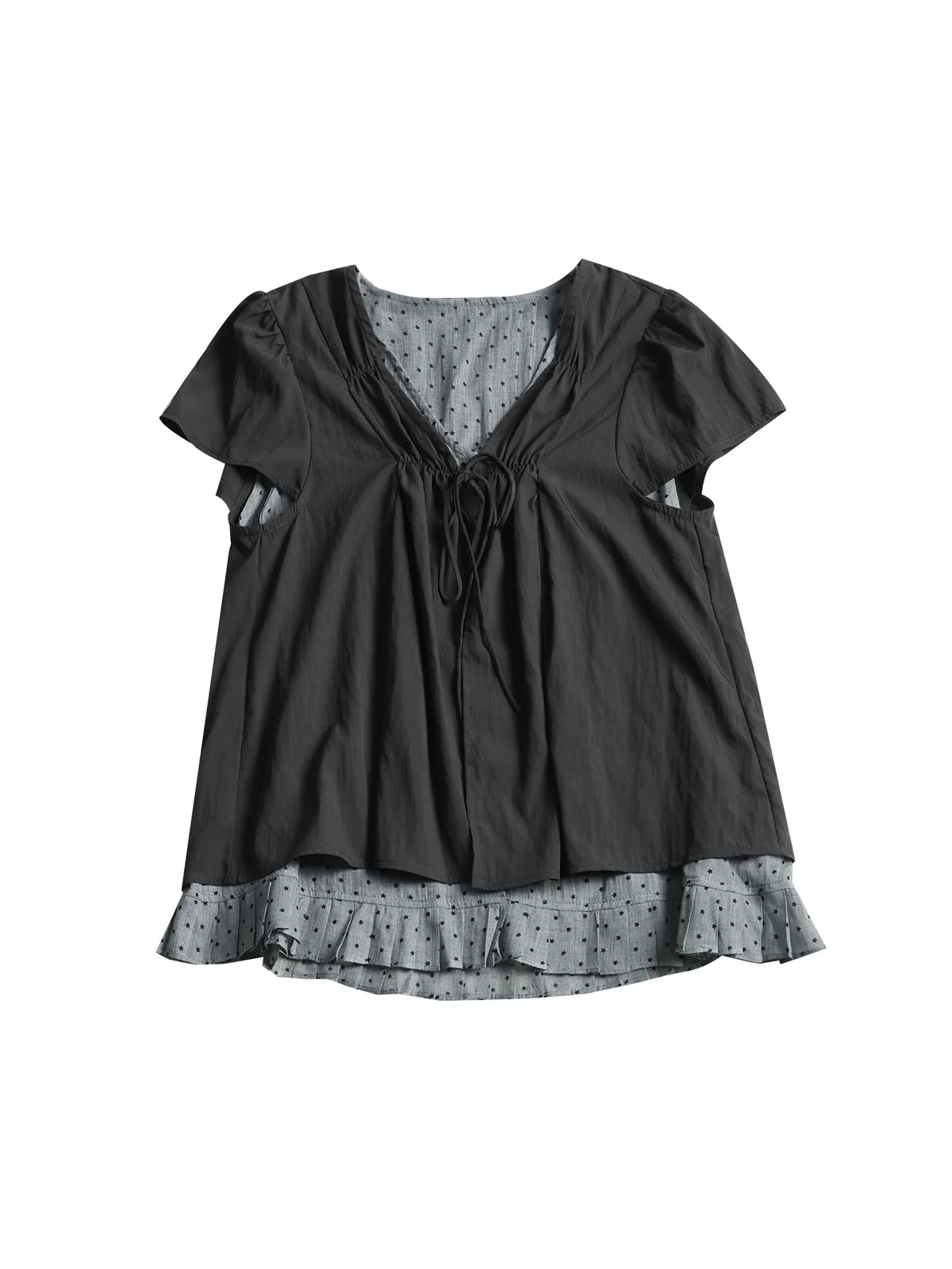 Two days off lab Fake Two-Piece V-Neck Puff Sleeve Breathable Tee