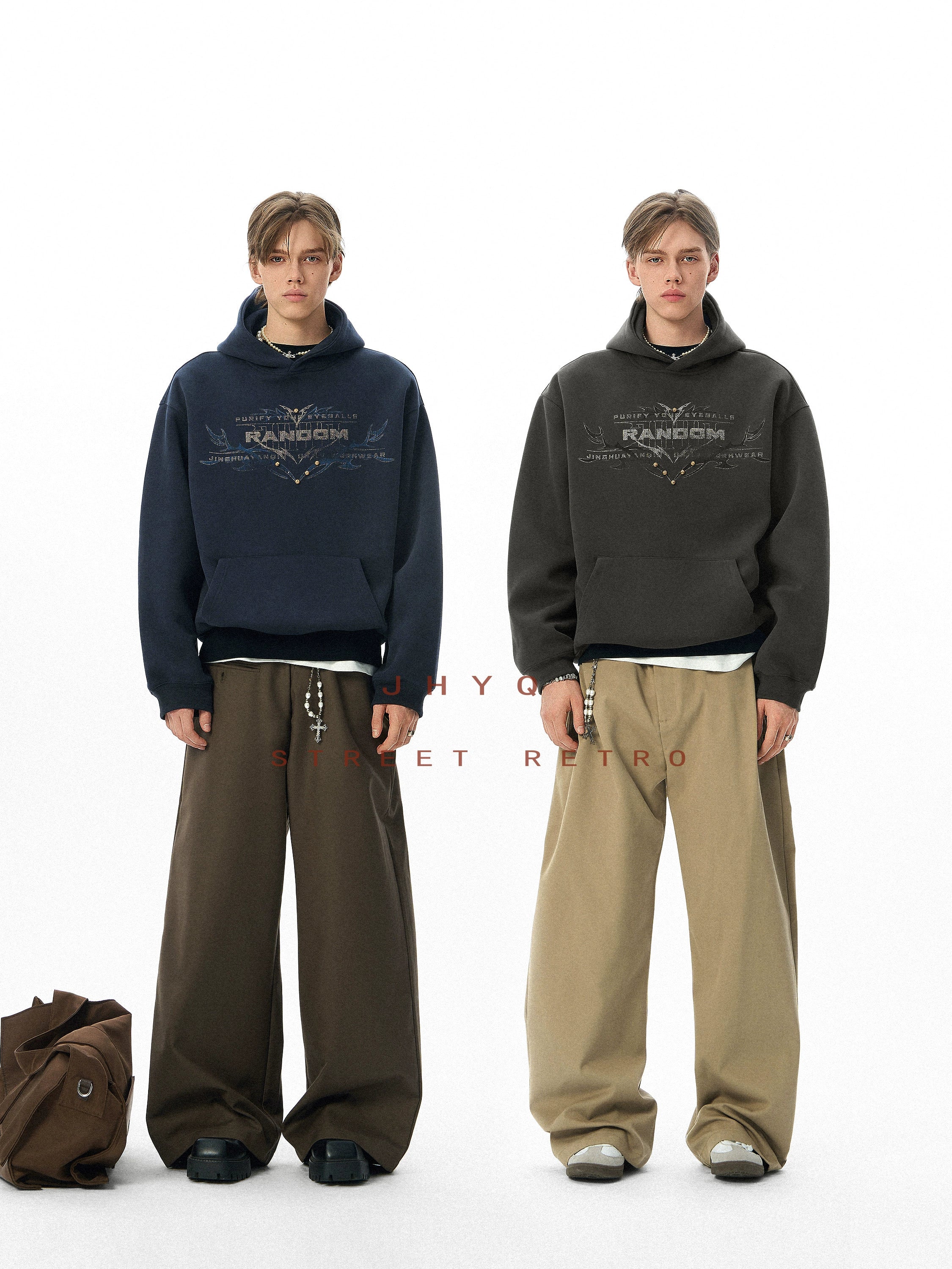 JHYQ Retro Rivet Letter Print Hooded Sweater