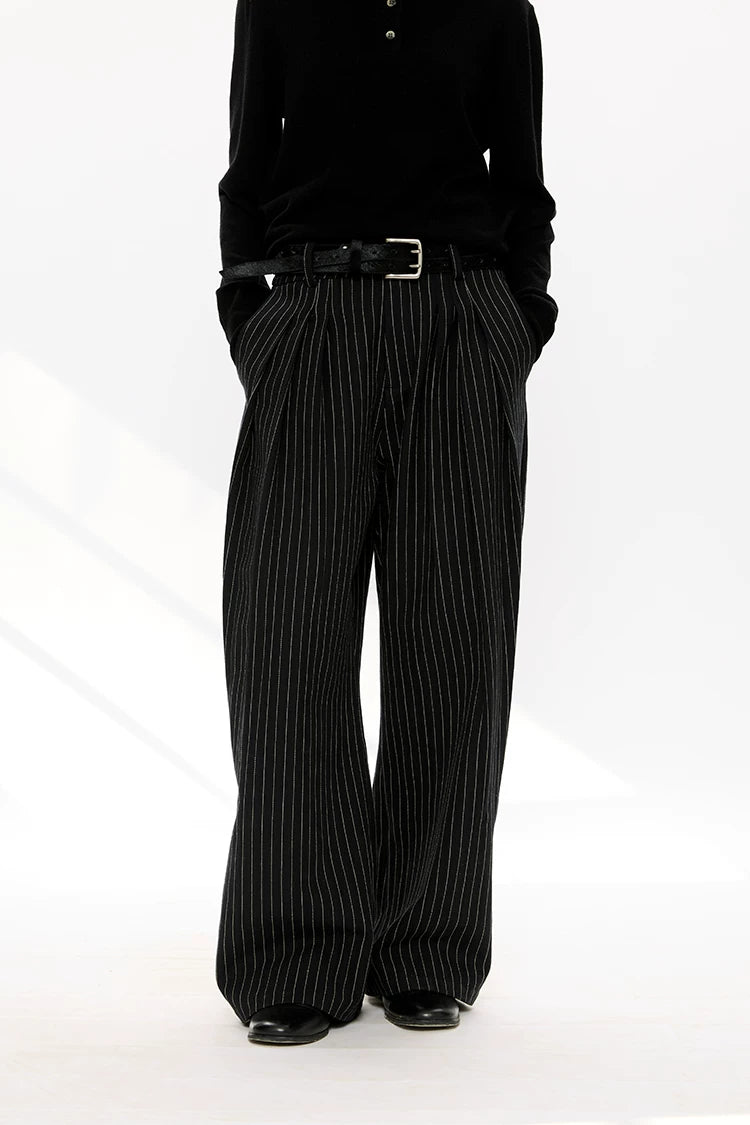 KREATE Striped Linen Pleated Texture Drape A Word Casual Trousers