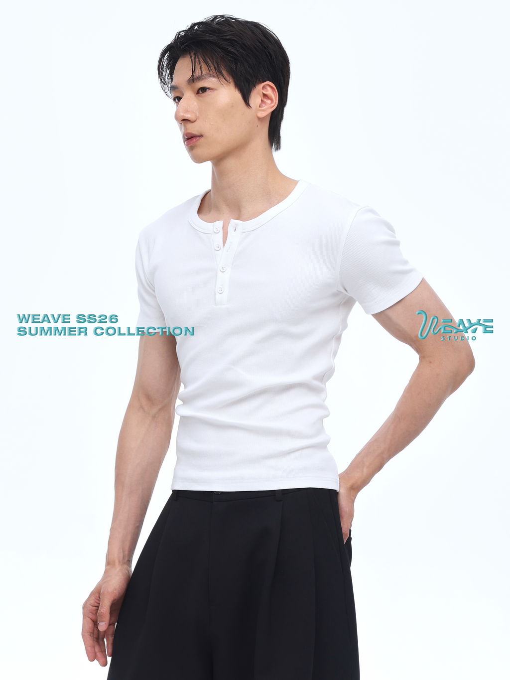WEAVE White Henley 260g Breathable Slim Fit Tee