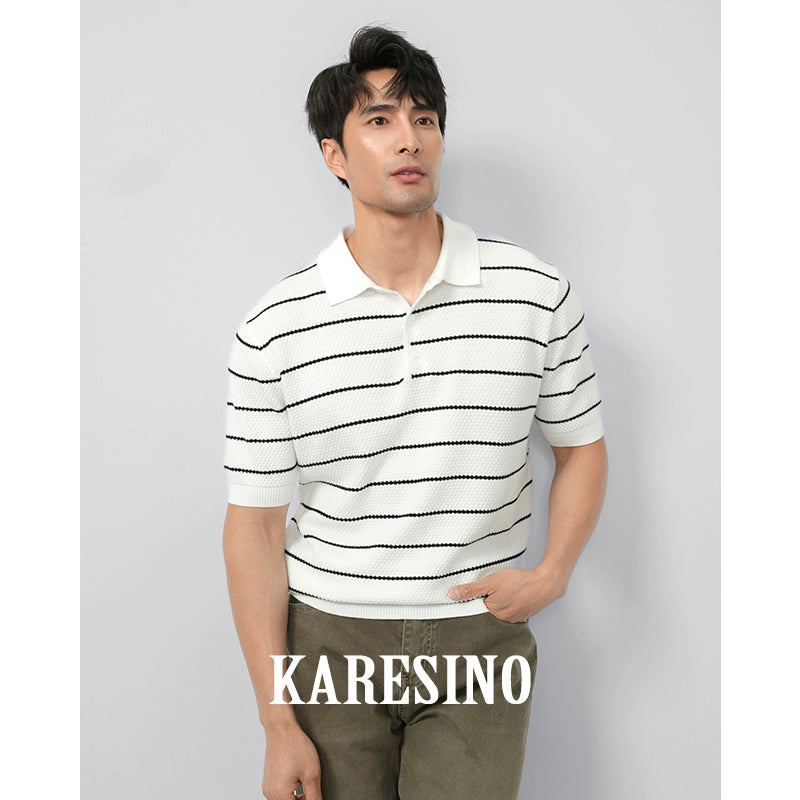 KARESINO Breathable Lapel Striped Polo Knitted Sweater