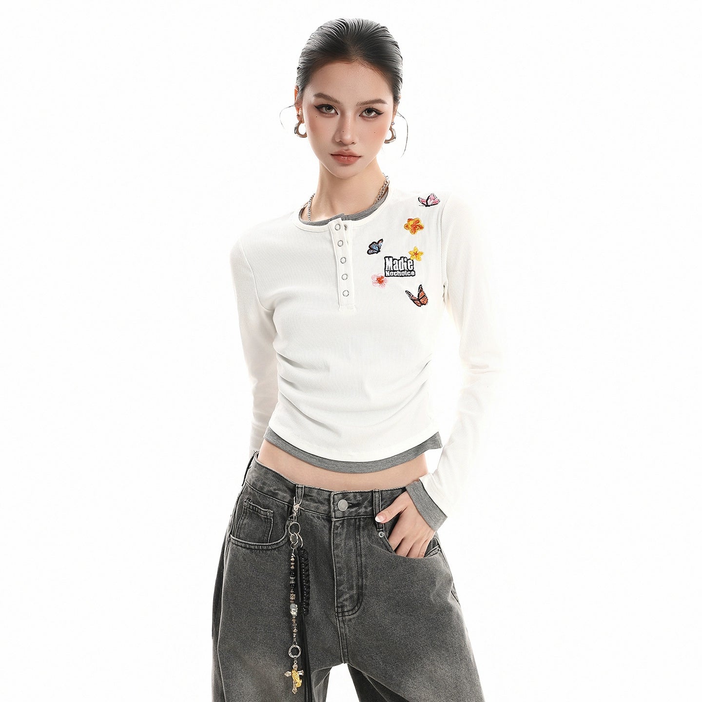 Kenvibe Vintage Alphabet Butterfly Embroidery Fake Two Piece Long Sleeve