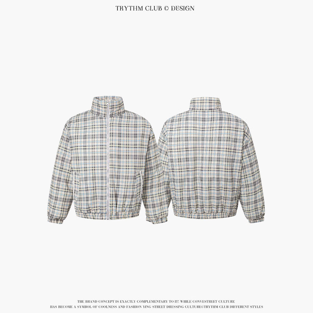 TRYTHMCLU Vintage Plaid Stand-Up Collar Cotton Suit
