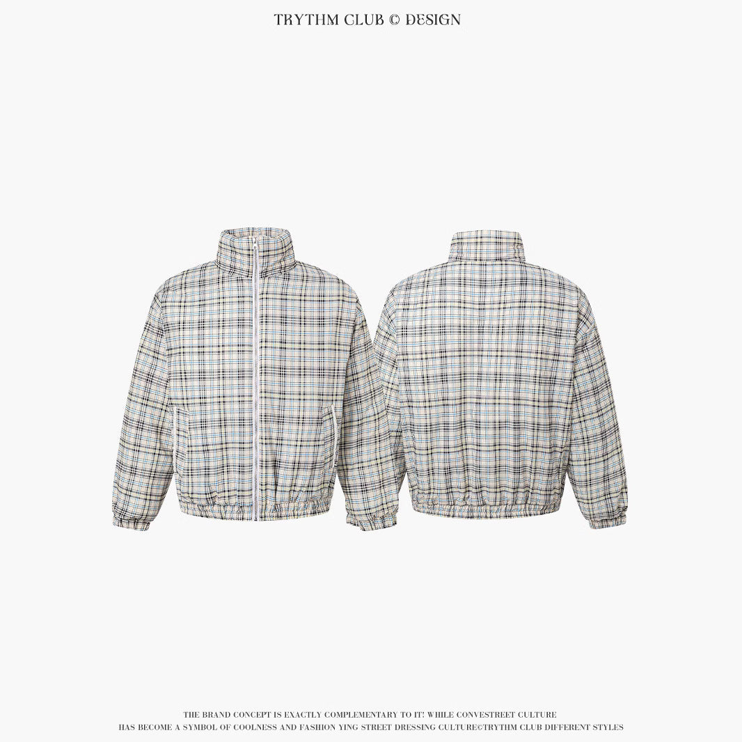 TRYTHMCLU Vintage Plaid Stand-Up Collar Cotton Suit