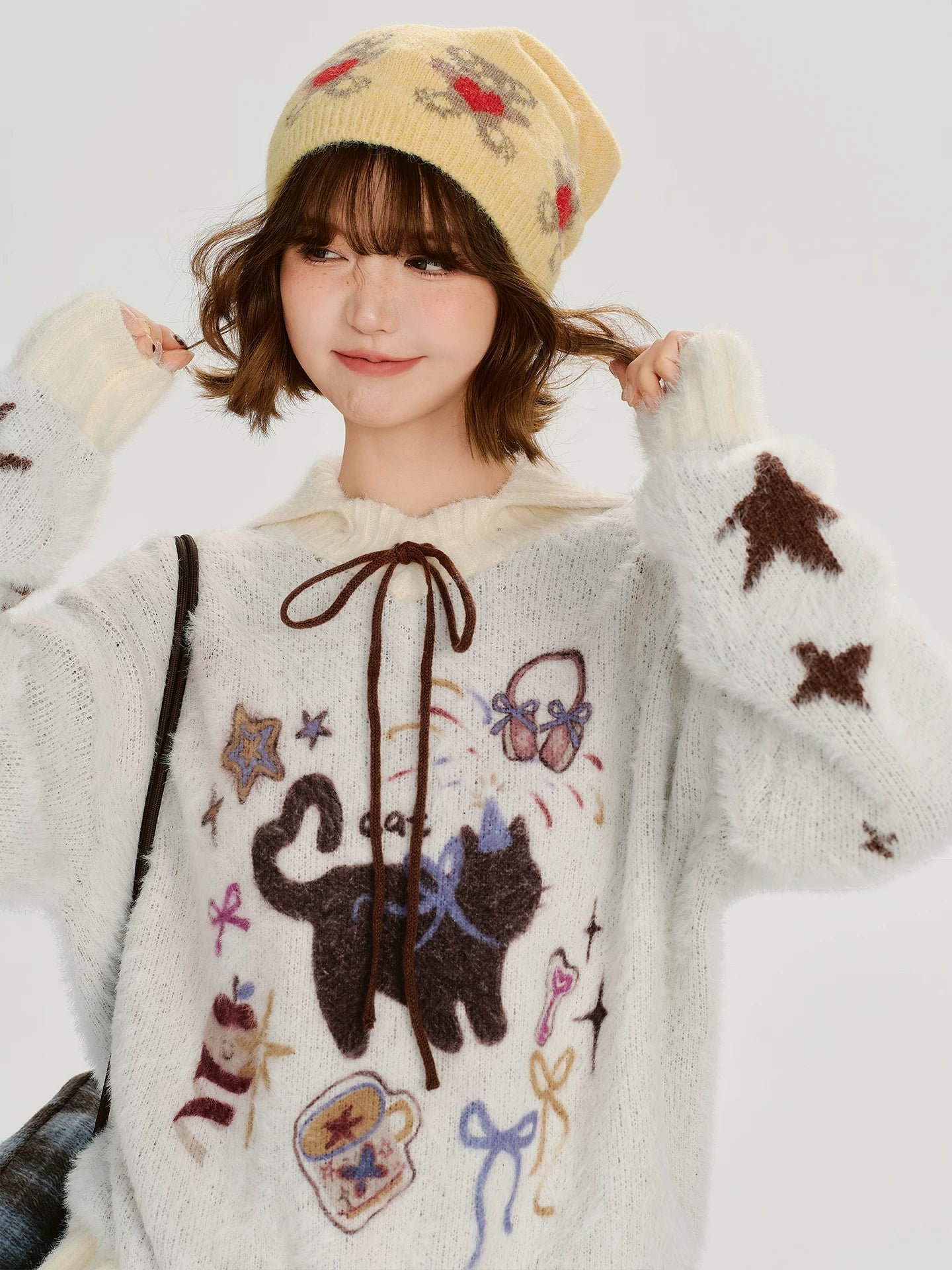 Girlyhalo Vintage Loose Cartoon Jacquard Color Combining Sweater