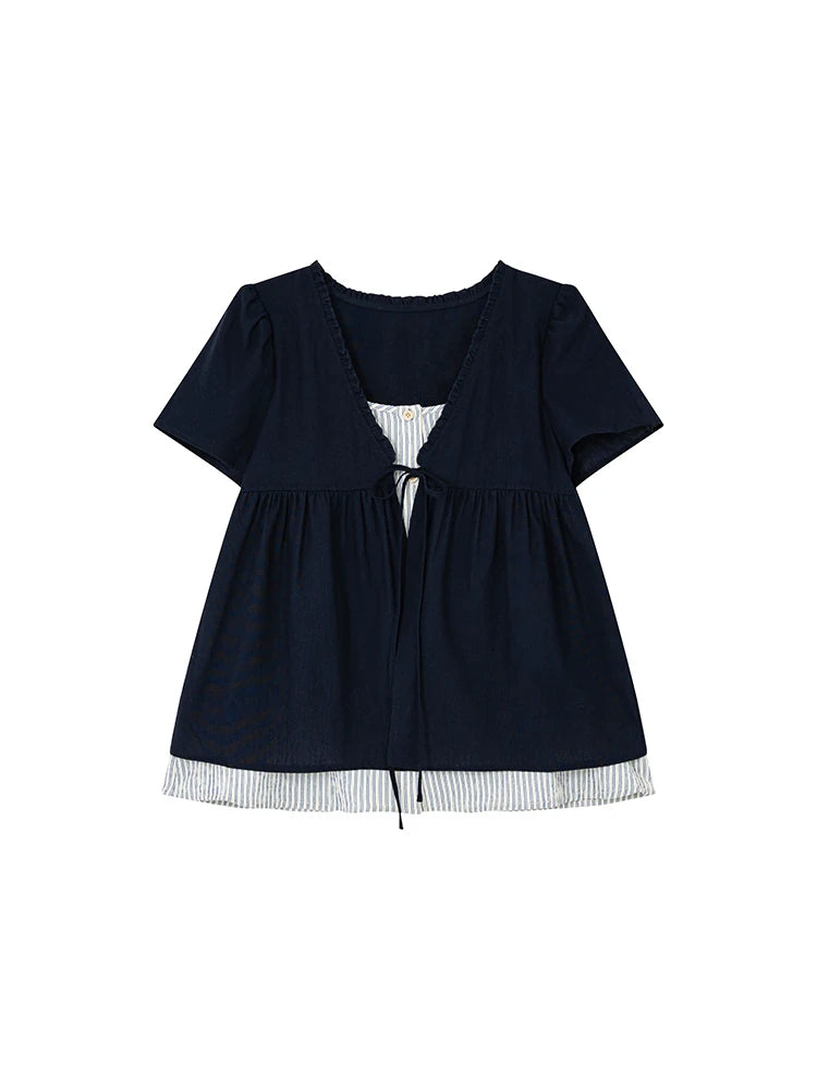 KANO Faux Two-Piece Tie-Front Ruffle Top