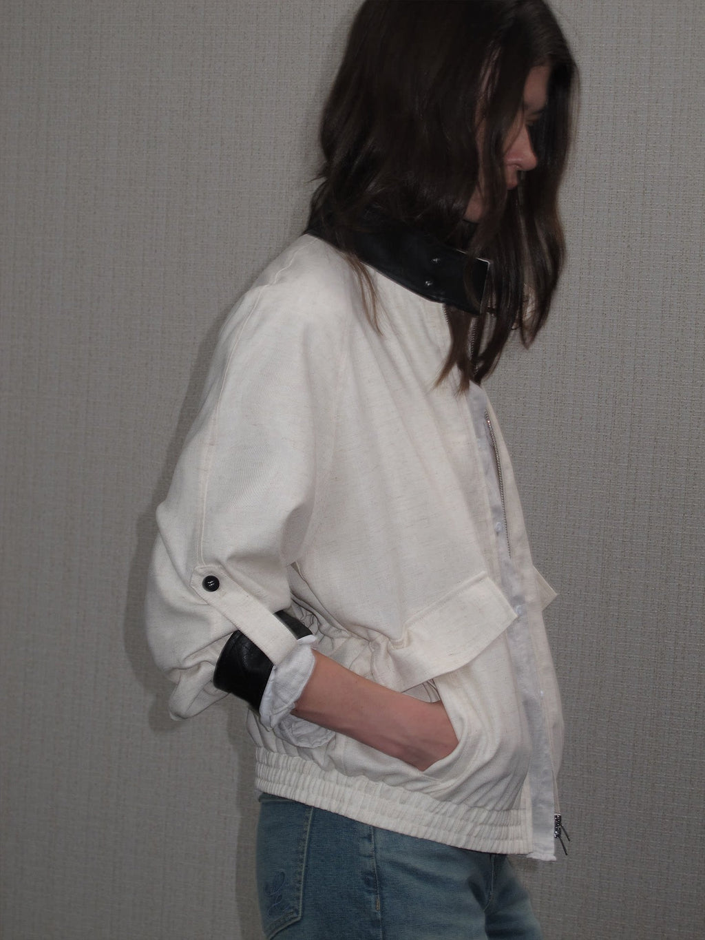 JCAESAR WOMEN Paneled Leather Tencel Linen Short Coat