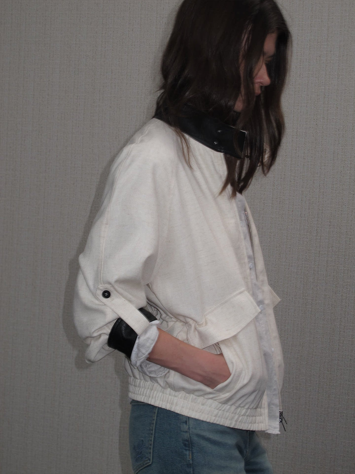 JCAESAR WOMEN Paneled Leather Tencel Linen Short Coat