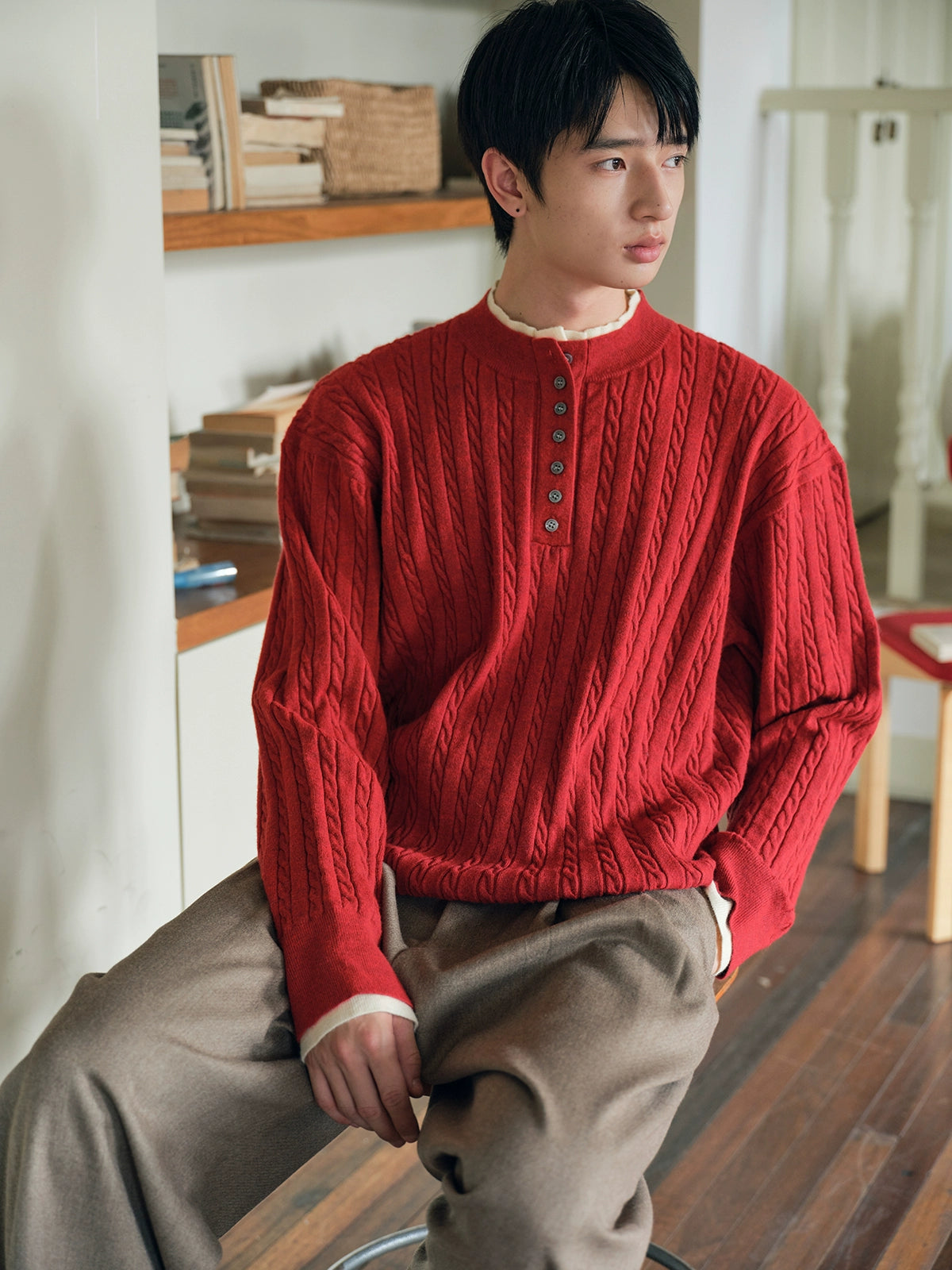 CARPEM Retro Contrasting Twisted Stand-up Collar Fake Two-piece Polo-neck Sweater
