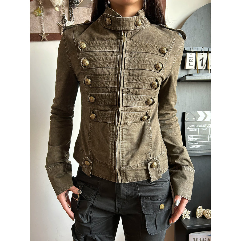KISMETS Vintage Double-Breasted Slim Fit Military Jacket